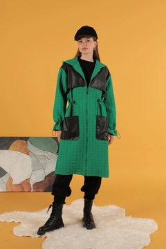 A wholesale clothing model wears kam11569-leather-fabric-garni-detail-jacquard-women's-trench-coat-green, Turkish wholesale Trenchcoat of Kaktus Moda
