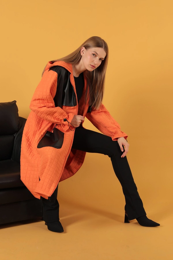 A wholesale clothing model wears kam11572-leather-fabric-garni-detail-jacquard-women's-trench-coat-orange, Turkish wholesale Trenchcoat of Kaktus Moda