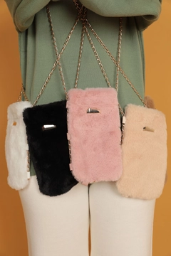 A wholesale clothing model wears kam11771-plush-women's-snap-crossbody-bag-tan, Turkish wholesale Bag of Kaktus Moda