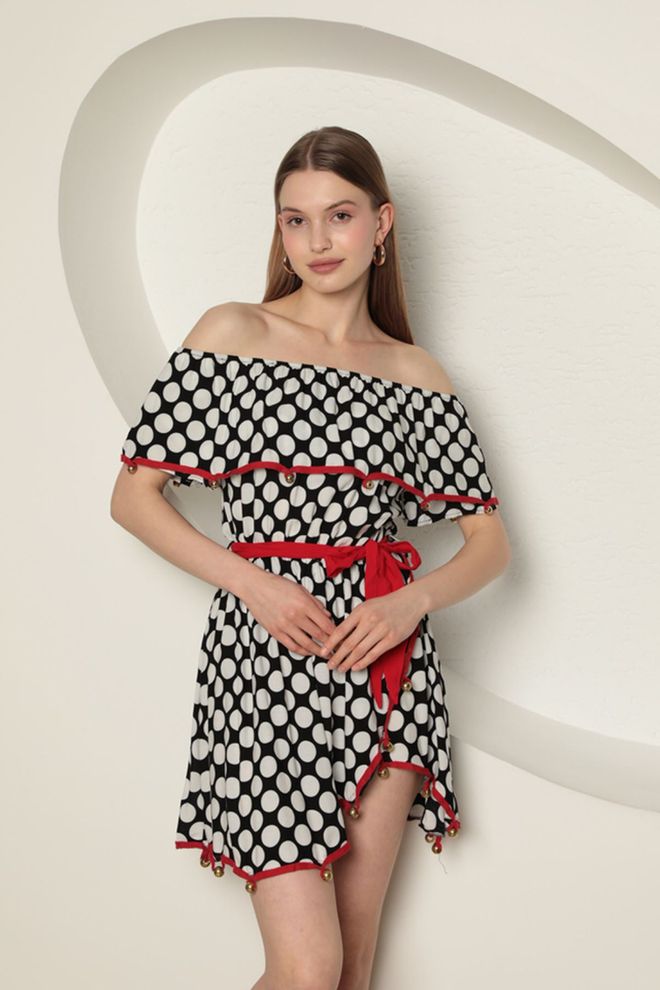 Ilia Viscose Fabric Madonna Collar Women's Mini Dress Black Wholesale Clothing Beach