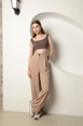 Una modelo de ropa al por mayor lleva kam13433-atlas-fabric-women's-palazzo-trousers-beige,  turco al por mayor de 