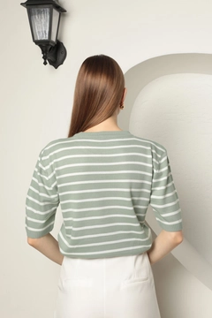 A wholesale clothing model wears kam13460-knitwear-striped-heart-patterned-short-sleeve-women's-blouse-mint, Turkish wholesale Blouse of Kaktus Moda