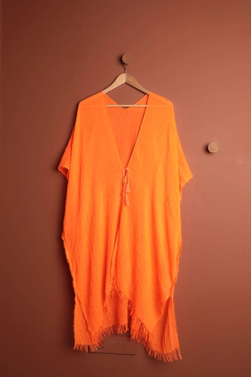 Модел на дрехи на едро носи  Дамско Парео С Ресни - Оранжево
, турски едро Парео на Kaktus Moda