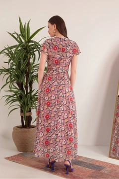 A wholesale clothing model wears KAM10821 - Chiffon Fabric Mixed Fruit Pattern Aller Women's Dress - Powder, Turkish wholesale Dress of Kaktus Moda