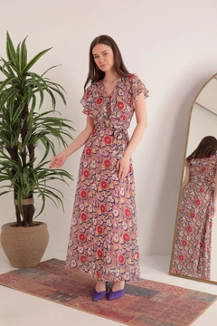 A wholesale clothing model wears KAM10821 - Chiffon Fabric Mixed Fruit Pattern Aller Women's Dress - Powder, Turkish wholesale Dress of Kaktus Moda