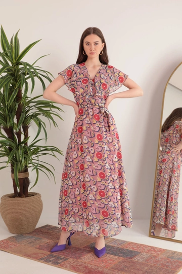 A wholesale clothing model wears  Chiffon Fabric Mixed Fruit Pattern Aller Women's Dress - Powder
, Turkish wholesale Dress of Kaktus Moda