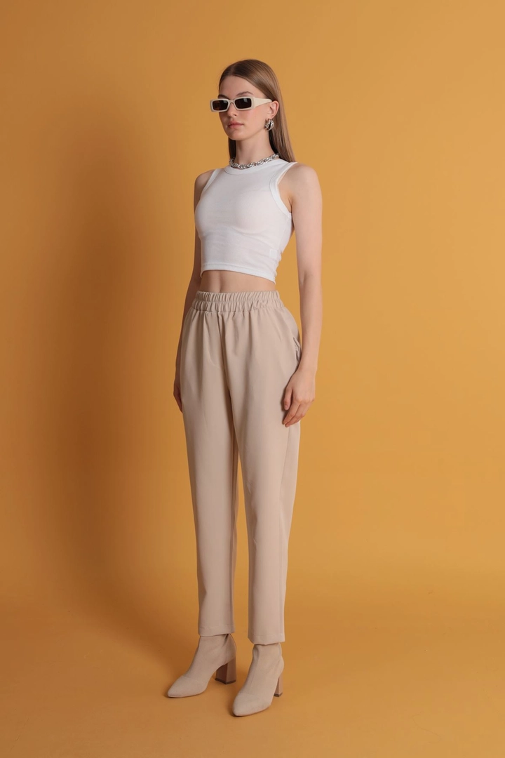 Una modelo de ropa al por mayor lleva kam11667-atlas-fabric-women's-trousers-with-elastic-waist-beige, Pantalón turco al por mayor de Kaktus Moda