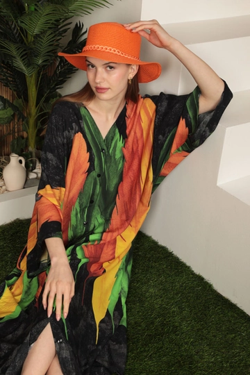 Модел на дрехи на едро носи  Дамска Рокля С Пера От Вискозен Плат - Черна
, турски едро рокля на Kaktus Moda