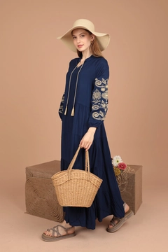 A wholesale clothing model wears kam12678-viscose-fabric-embroidered-women's-dress-navy-blue, Turkish wholesale Dress of Kaktus Moda