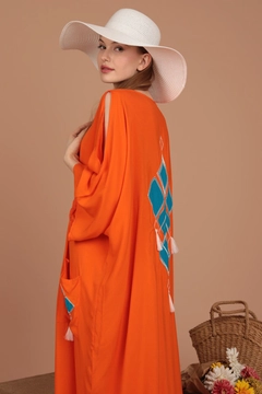 A wholesale clothing model wears kam12613-viscose-fabric-applique-embroidered-tassel-detail-women's-dress-orange, Turkish wholesale Dress of Kaktus Moda