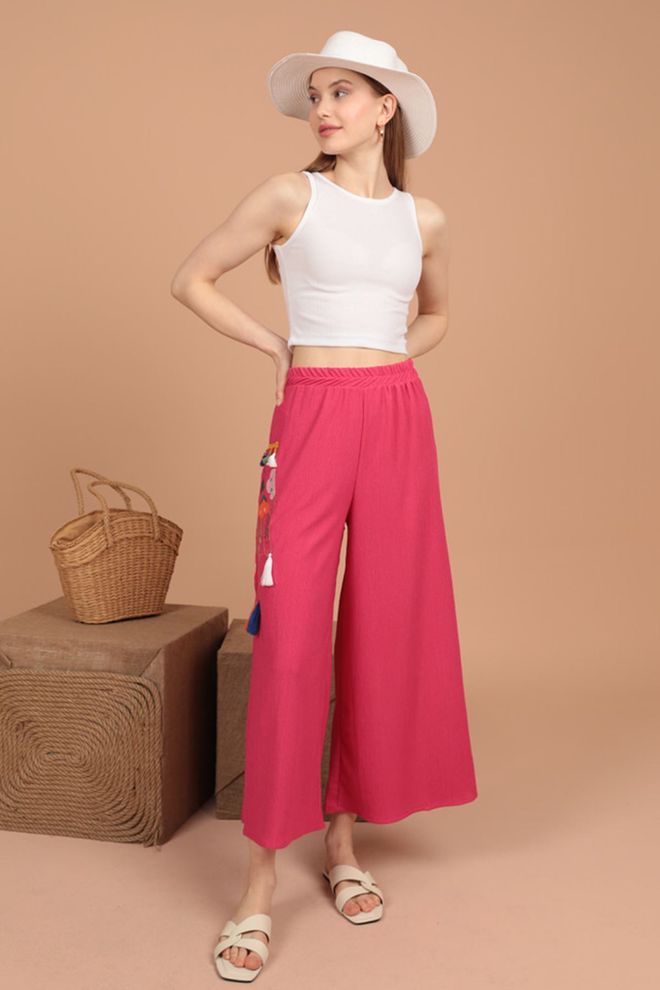 Ilia Pantaloni Da Donna Con Dettagli Ricamati In Tessuto Bürümcük Fucsia Abbigliamento all'ingrosso Casuale