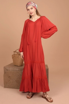 A wholesale clothing model wears kam12875-viscose-fabric-lace-funny-casual-women's-dress-tile, Turkish wholesale Dress of Kaktus Moda