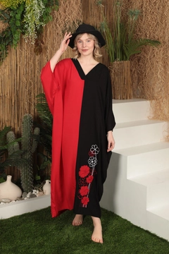 A wholesale clothing model wears kam12987-viscose-fabric-embroidered-women's-dress-red, Turkish wholesale Dress of Kaktus Moda