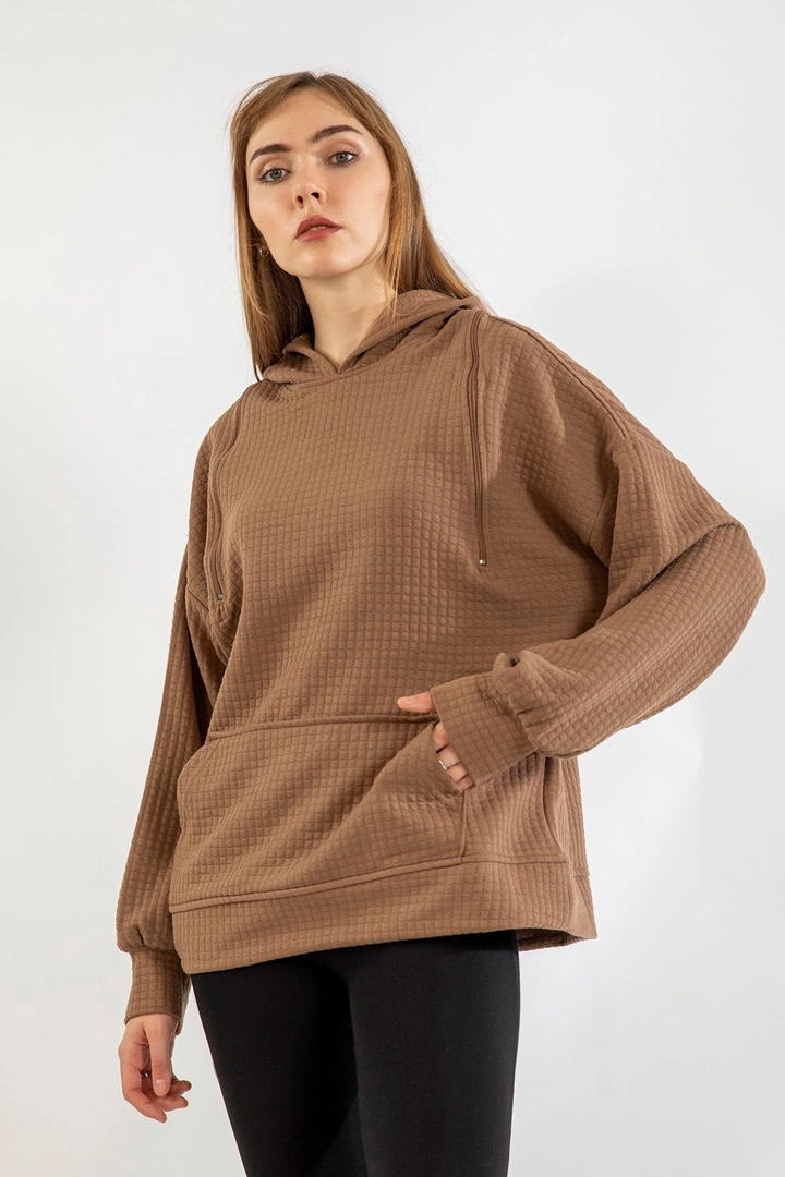 A wholesale clothing model wears 24175 - Sweatshirt - Mink, Turkish wholesale Hoodie of Kaktus Moda