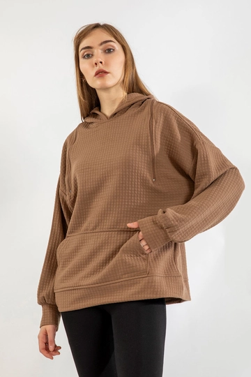 Ein Bekleidungsmodell aus dem Großhandel trägt  Sweatshirt - Nerz
, türkischer Großhandel Kapuzenpulli von Kaktus Moda