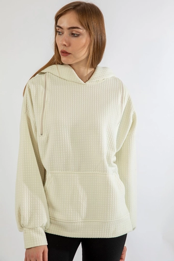 Een kledingmodel uit de groothandel draagt  Sweatshirt - Ecru
, Turkse groothandel Capuchon van Kaktus Moda