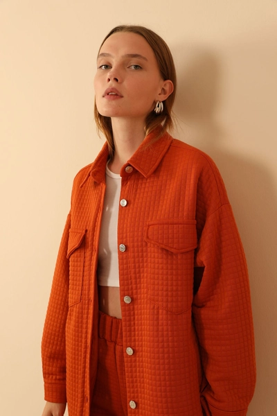 A model wears 24272 - Jacket - Cinnamon, wholesale Jacket of Kaktus Moda to display at Lonca