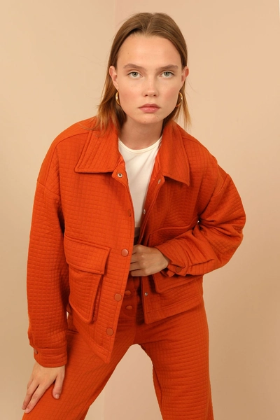 A model wears 22349 - Jacket - Cinnamon, wholesale Jacket of Kaktus Moda to display at Lonca