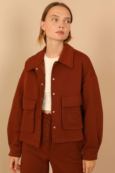 A model wears 23848 - Jacket - Brown, wholesale Jacket of Kaktus Moda to display at Lonca