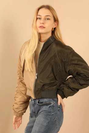 A model wears 35582 - Jacket - Beige And Khaki, wholesale Jacket of Kaktus Moda to display at Lonca