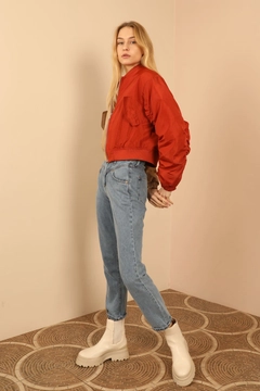 A wholesale clothing model wears KAM10461 - Jacket - Beige And Tile, Turkish wholesale Jacket of Kaktus Moda