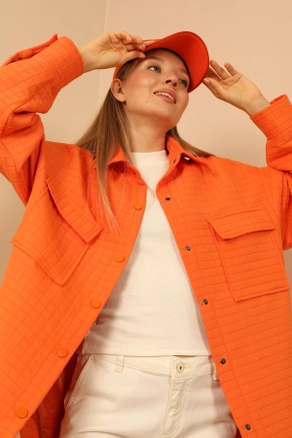 A model wears KAM10477 - Shirt - Orange, wholesale Shirt of Kaktus Moda to display at Lonca