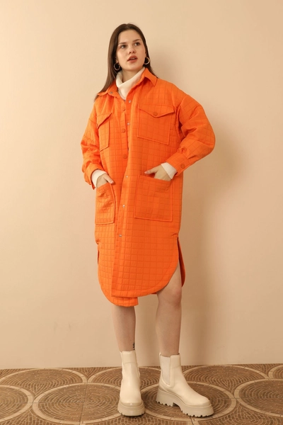 A model wears KAM10496 - Shirt - Orange, wholesale Shirt of Kaktus Moda to display at Lonca