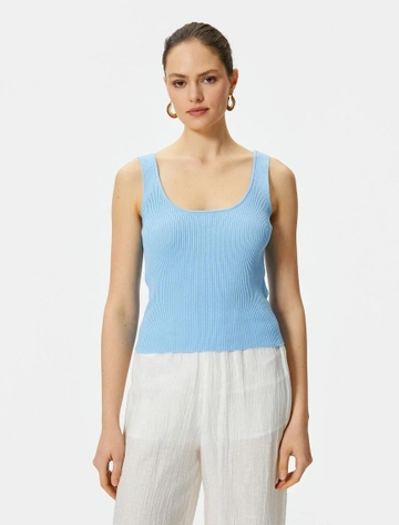 A wholesale clothing model wears  Thick Strap U-Neck Ribbed Undershirt - Blue
, Turkish wholesale Undershirt of Koton
