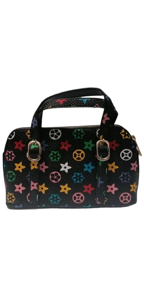 A model wears KUX10044 - Kuxo Black Lv Pattern Double Buckled Simple  Stylish And Stylish Hand Arm And Cross Shoulder Bag, wholesale Bag of Kuxo to display at Lonca