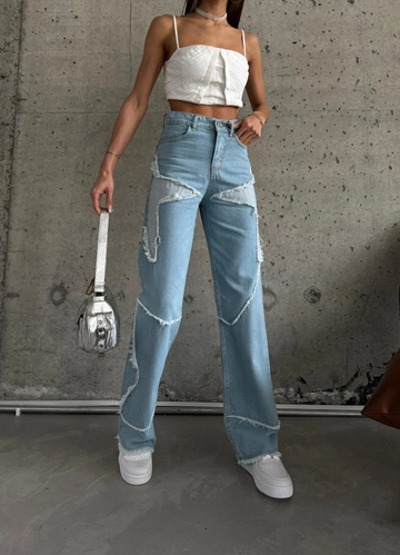 A wholesale clothing model wears  Kuxo Fiveteen Star Piece Patchwork Special Design Jean Trousers
, Turkish wholesale Jeans of Kuxo