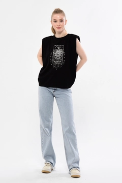 Veleprodajni model oblačil nosi 44213 - KUXO Curve Black Printed Knitted T-Shirt, turška veleprodaja Majica s kratkimi rokavi od Kuxo