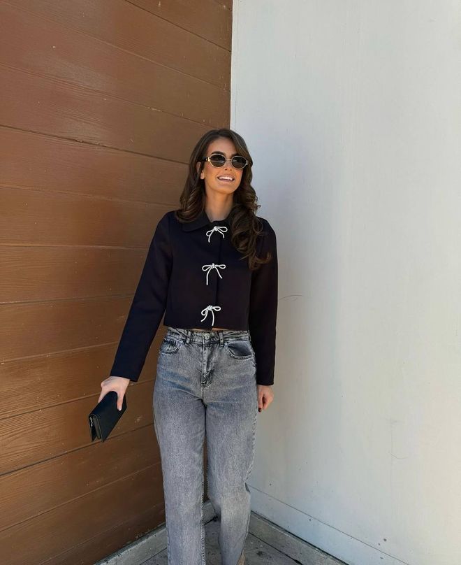 Ilia Blouse Met Strik Zwart Groothandel Kleding Schattig
