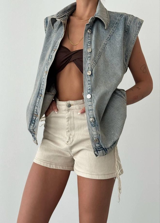 LACARINO Groen Getint Denimvest Met Nul Mouwen En Zakken Groothandel Kleding Casual