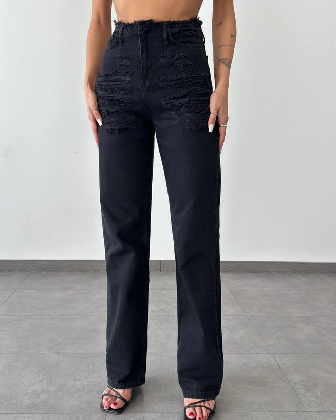 LACARINO Pantaloni Jeans Dritti Neri Con Dettagli A Vita Alta Abbigliamento all'ingrosso Casuale