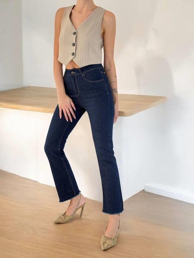 LACARINO High Waist Leg Dirty Seam Detailed Jeans Blue Wholesale Clothing Casual