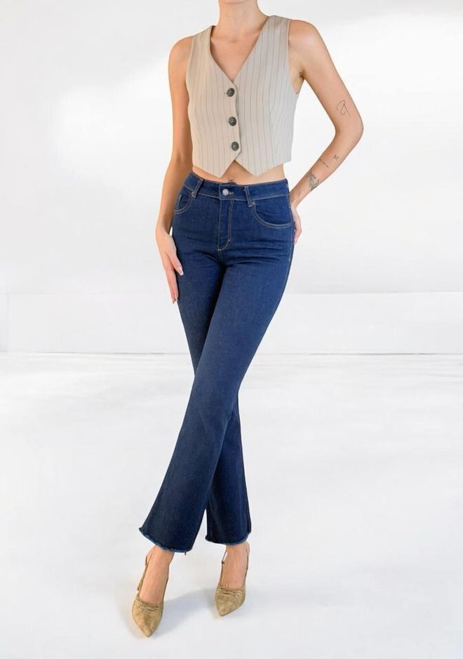 LACARINO High Waist Leg Dirty Seam Detailed Jeans Blue Wholesale Clothing Cotton