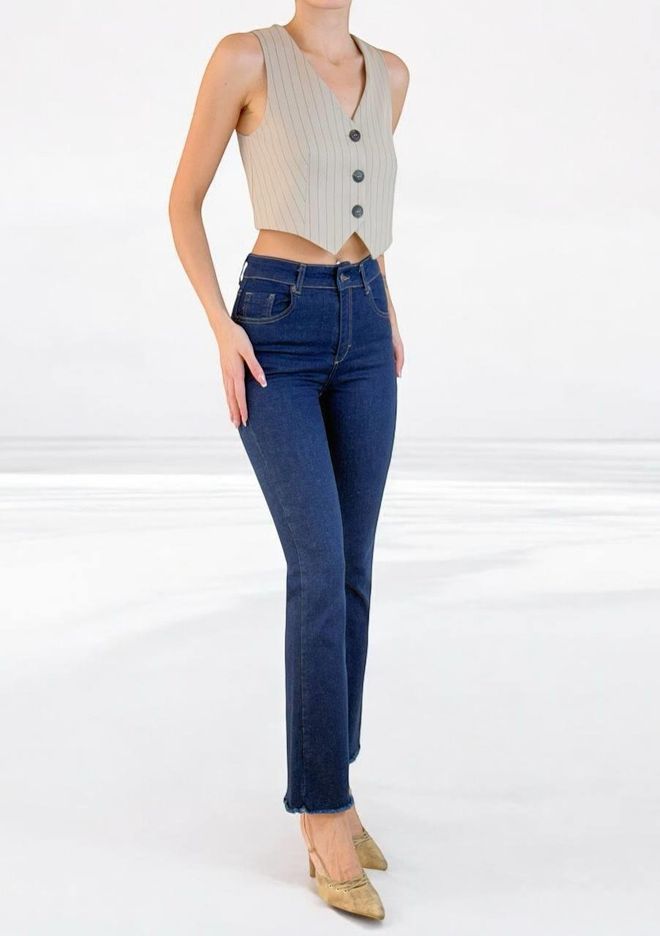 LACARINO High Waist Leg Dirty Seam Detailed Jeans Blue Wholesale Clothing Fall