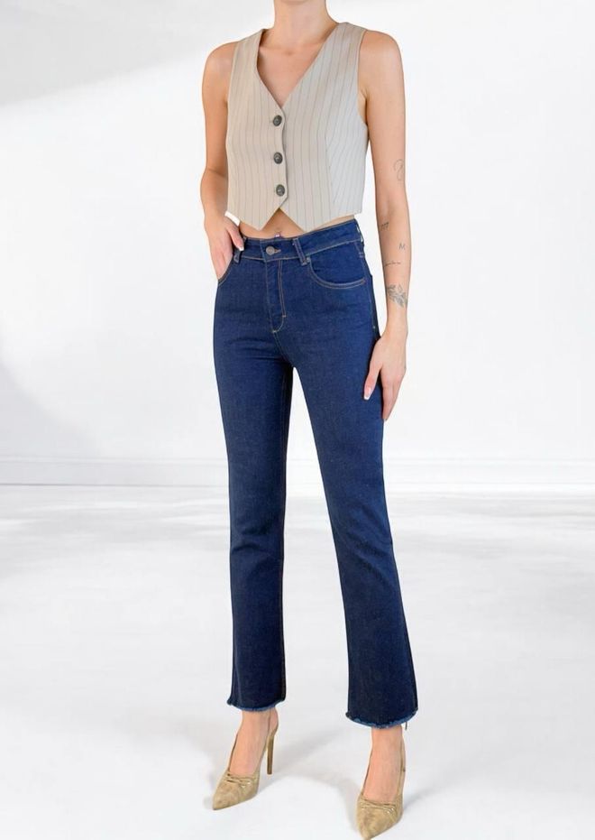 LACARINO High Waist Leg Dirty Seam Detailed Jeans Blue Wholesale Clothing Elastane