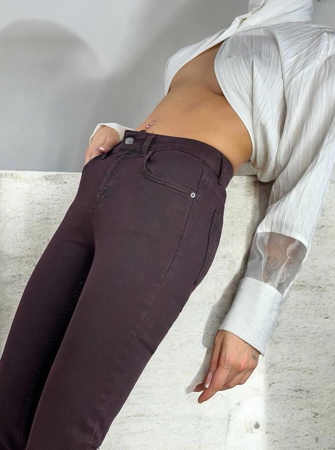 LACARINO Yüksek Bel Dar Kalıp Paça Püskül Detaylı Jean Pantolon Bordo Toptan Giyim Pamuk