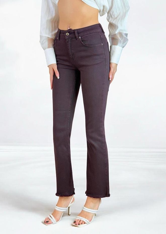 LACARINO Yüksek Bel Dar Kalıp Paça Püskül Detaylı Jean Pantolon Bordo Toptan Giyim Sonbahar