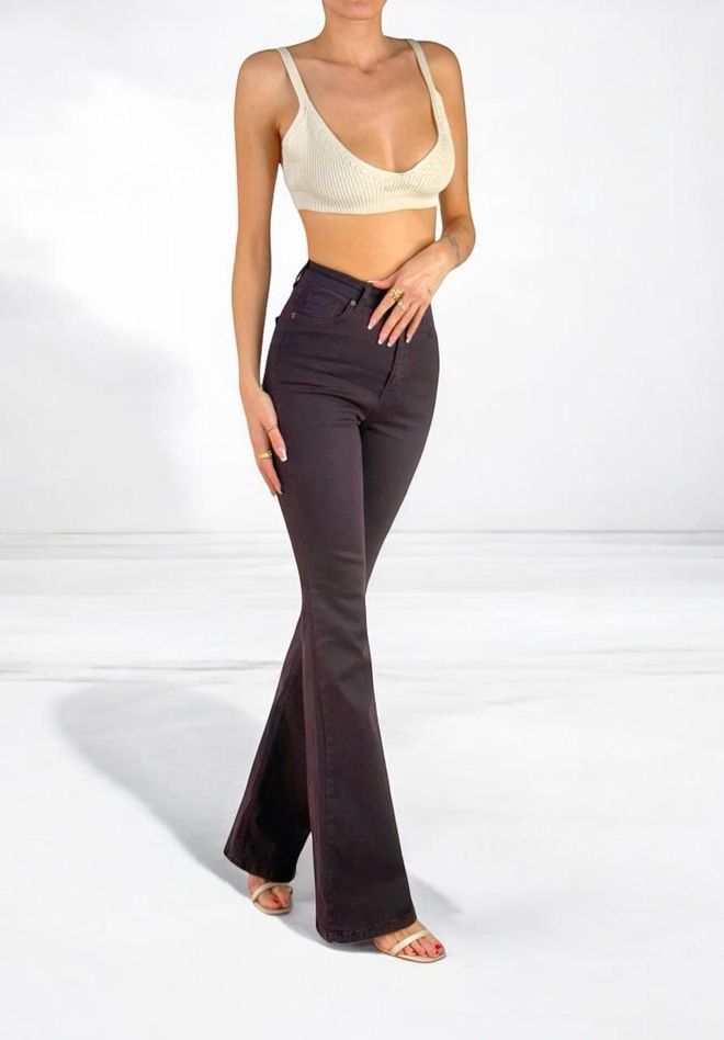 LACARINO Jeans À Jambes Espagnoles Taille Haute Et Coupe Ajustée Bordeaux Vêtements en gros Décontracté
