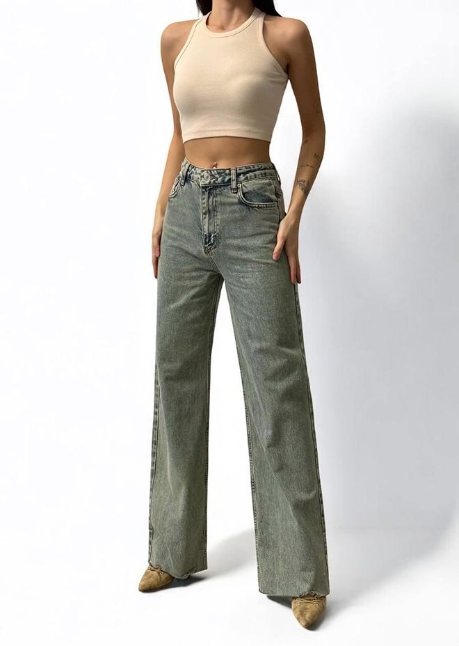 LACARINO High Waist Back Pocket Bottom Slit Detailed Light Green Laser Jeans Wholesale Clothing Casual