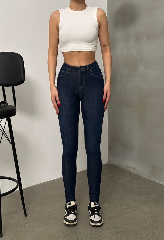 LACARINO Slim Fit Plus Size Lycra Temno Modre Kavbojke Hlače Z Visokim Pasom Oblačila na debelo Ležerno