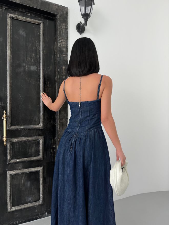 LACARINO Raišteliu Atgal Užtrauktukas Išsamus Riešo Ilgis Tamsiai Mėlyna Džinsinio Audinio Suknelė Didmeninė prekyba drabužiais 5