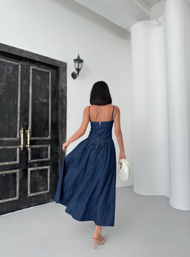 LACARINO Raišteliu Atgal Užtrauktukas Išsamus Riešo Ilgis Tamsiai Mėlyna Džinsinio Audinio Suknelė Didmeninė prekyba drabužiais Gimtadienis