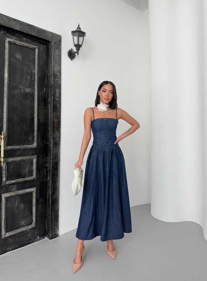 LACARINO Raišteliu Atgal Užtrauktukas Išsamus Riešo Ilgis Tamsiai Mėlyna Džinsinio Audinio Suknelė Didmeninė prekyba drabužiais Trumpintas