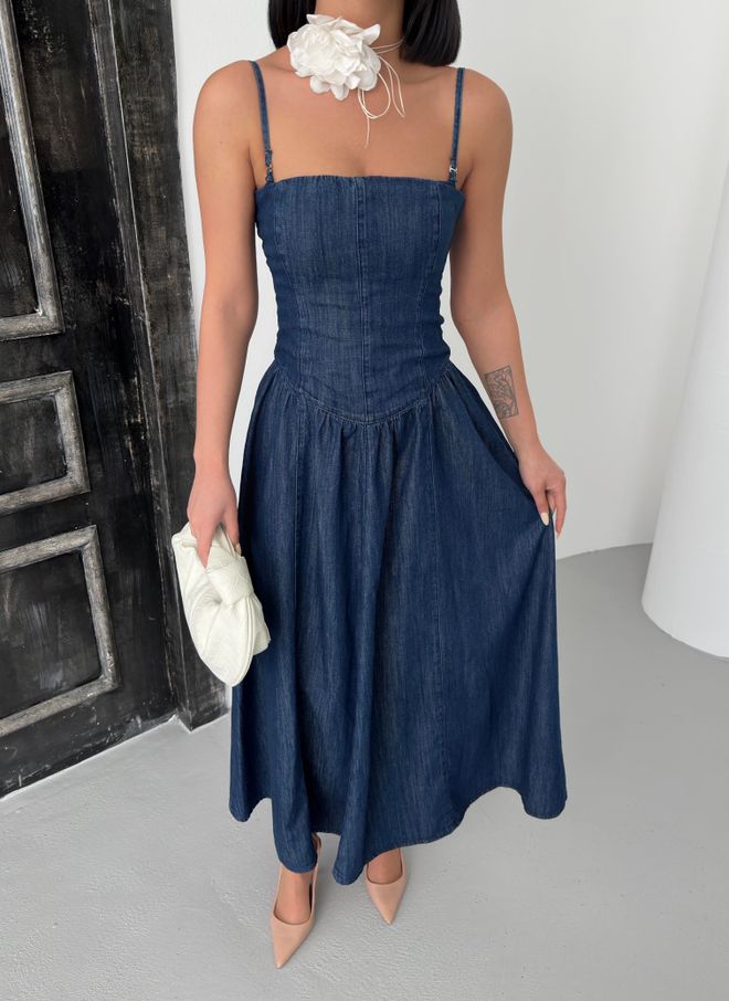 LACARINO Raišteliu Atgal Užtrauktukas Išsamus Riešo Ilgis Tamsiai Mėlyna Džinsinio Audinio Suknelė Didmeninė prekyba drabužiais 4