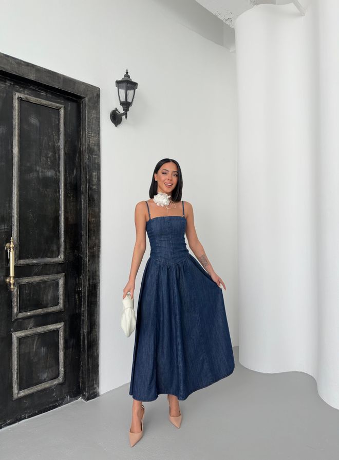 LACARINO Raišteliu Atgal Užtrauktukas Išsamus Riešo Ilgis Tamsiai Mėlyna Džinsinio Audinio Suknelė Didmeninė prekyba drabužiais Vasara