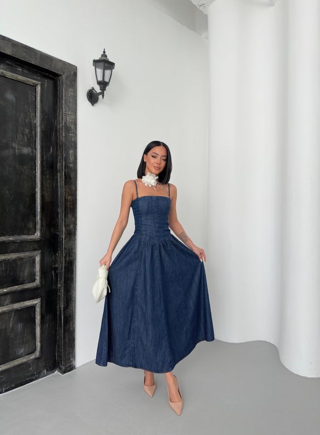 LACARINO Raišteliu Atgal Užtrauktukas Išsamus Riešo Ilgis Tamsiai Mėlyna Džinsinio Audinio Suknelė Didmeninė prekyba drabužiais Virvutė