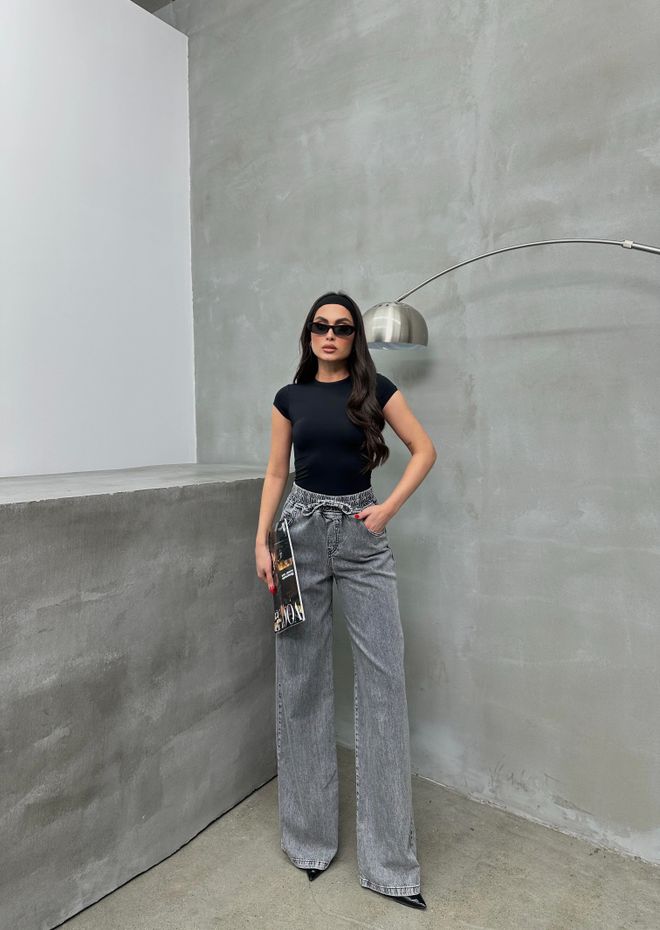 LACARINO Дамски Панталон Palazzo С Еластичен Шнур За Талия Сив Дрехи на едро Небрежен